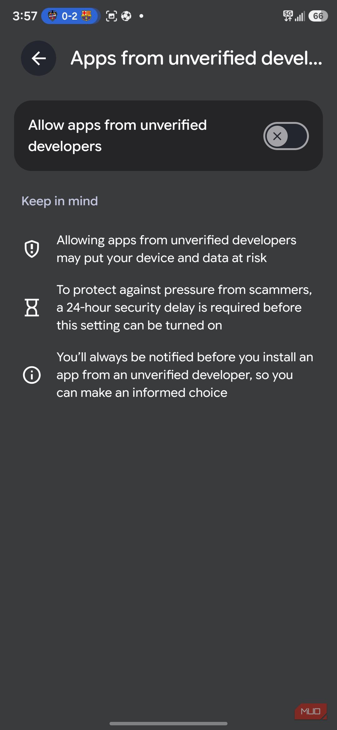 Allow apps from unverified developers setting screen