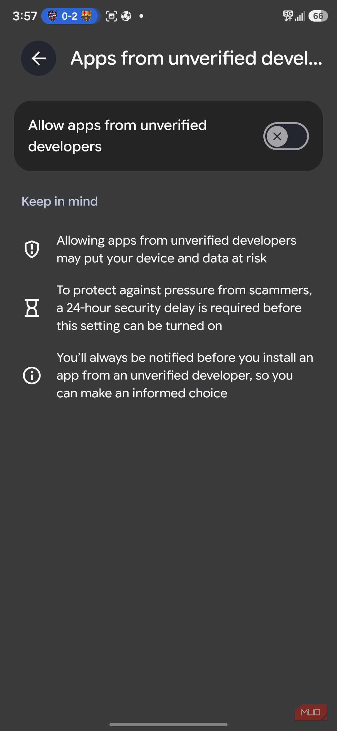 Allow apps from unverified developers setting screen