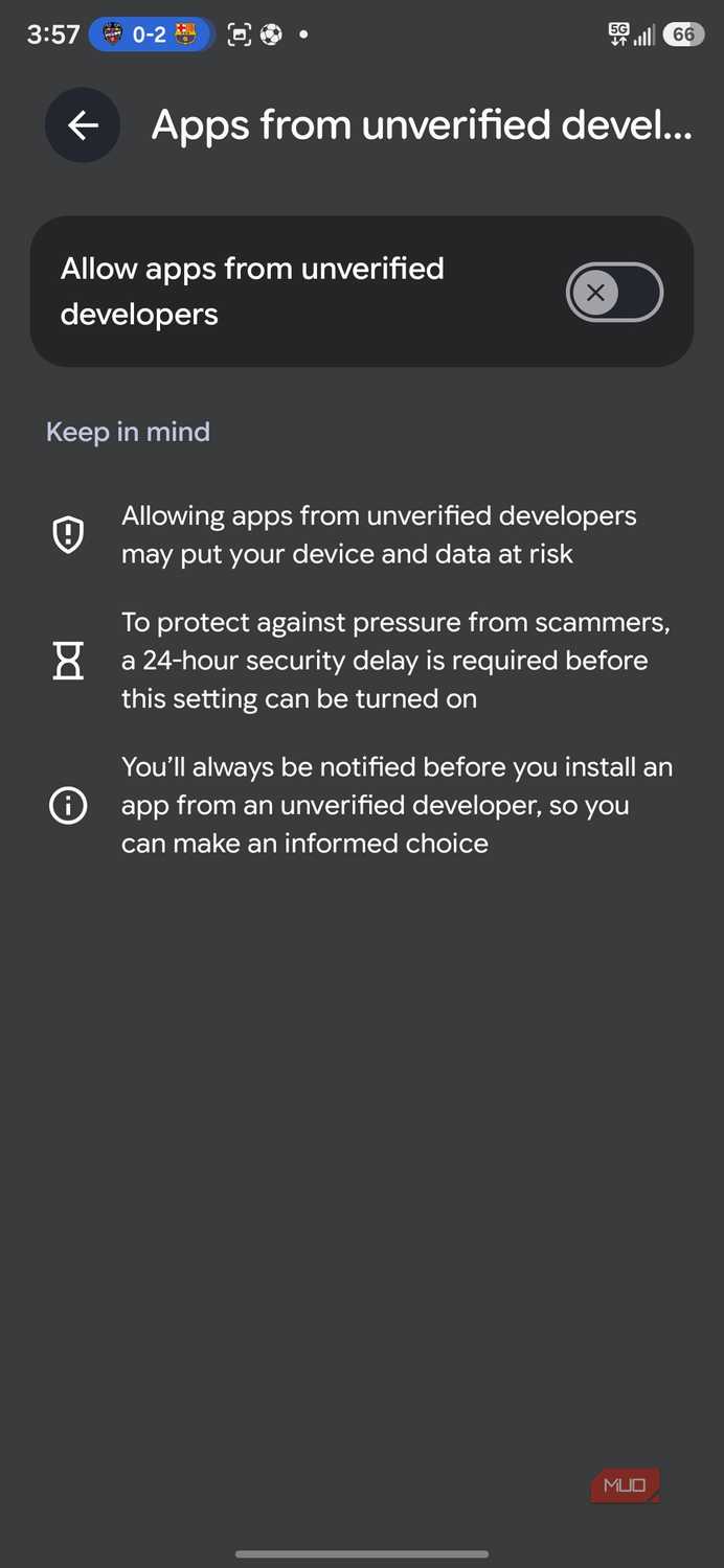 Allow apps from unverified developers setting screen