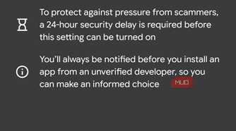 Allow apps from unverified developers setting screen