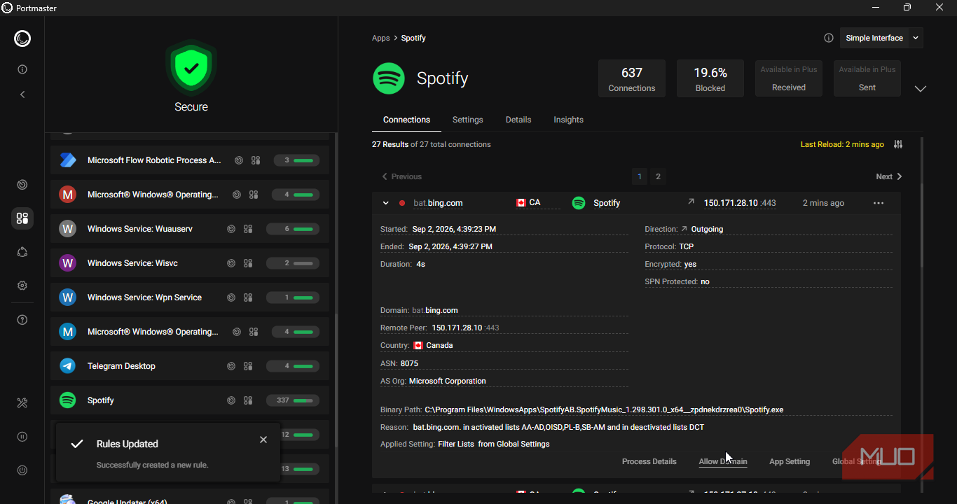 Clicking allow bat.bing.com domain blocked connection, spotify on Portmaster.