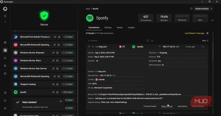 Clicking allow bat.bing.com domain blocked connection, spotify on Portmaster.