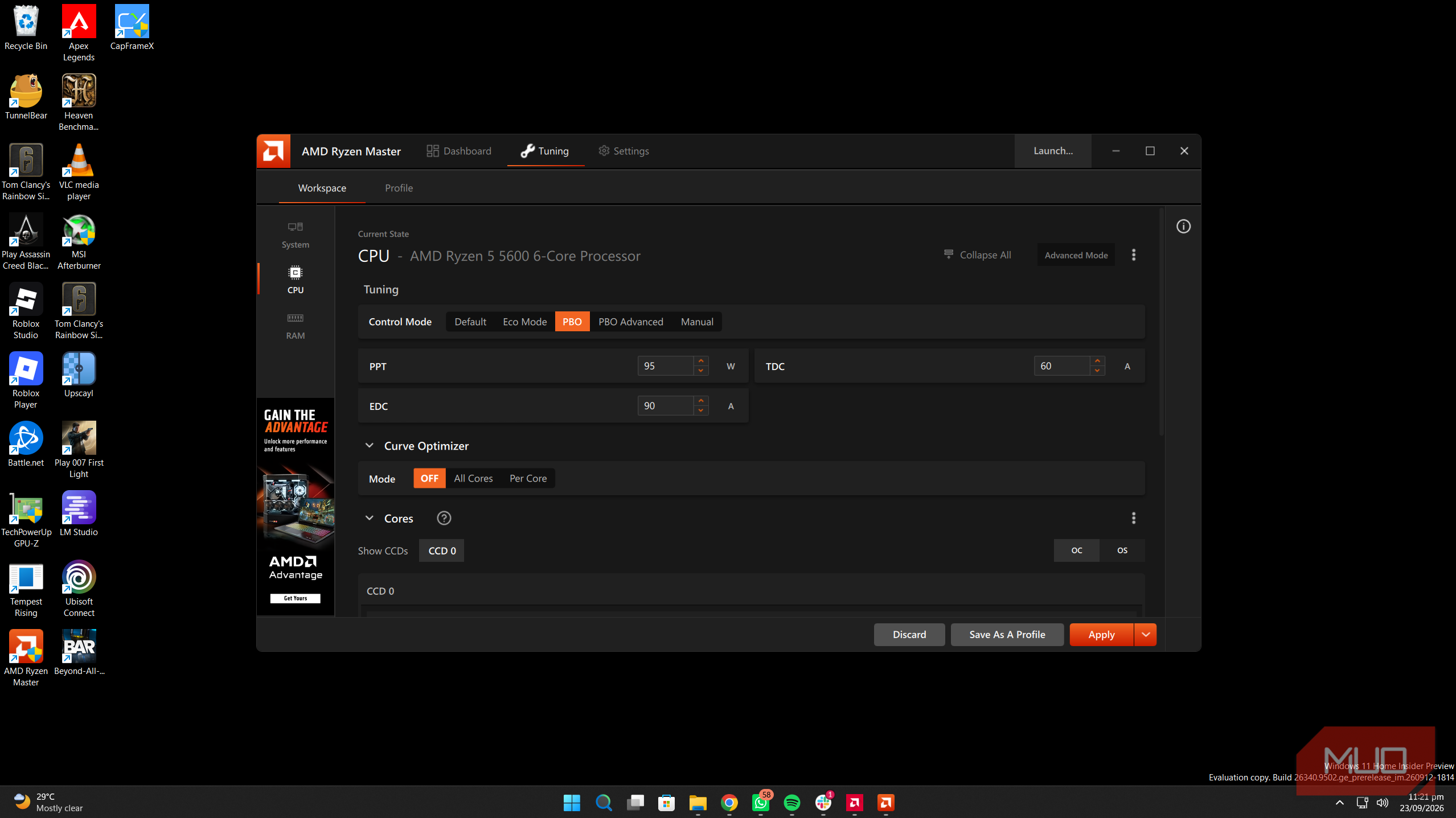 Вкладка процессора в AMD Ryzen Master
