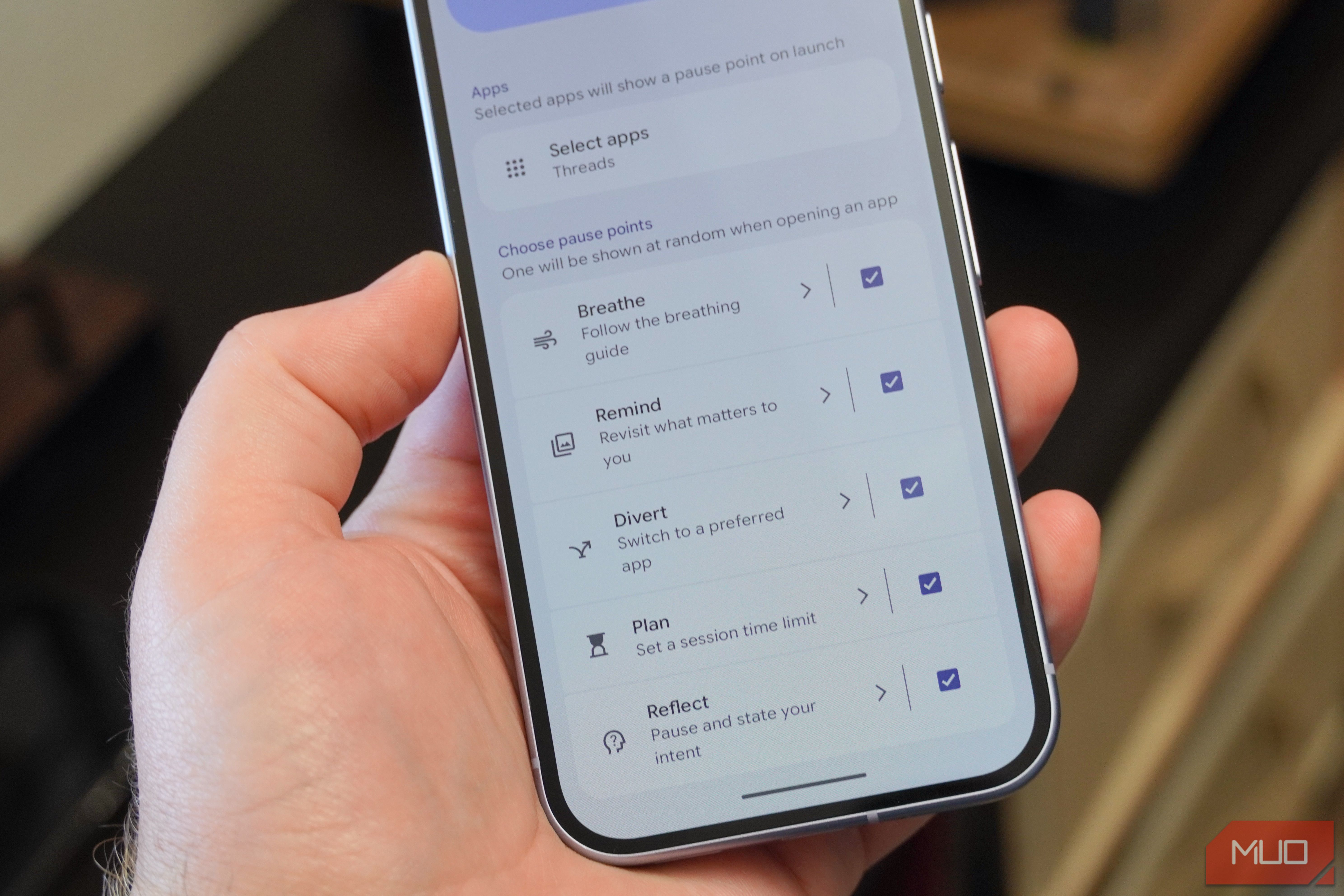 Choosing pause points in the Settings app for Android 17.