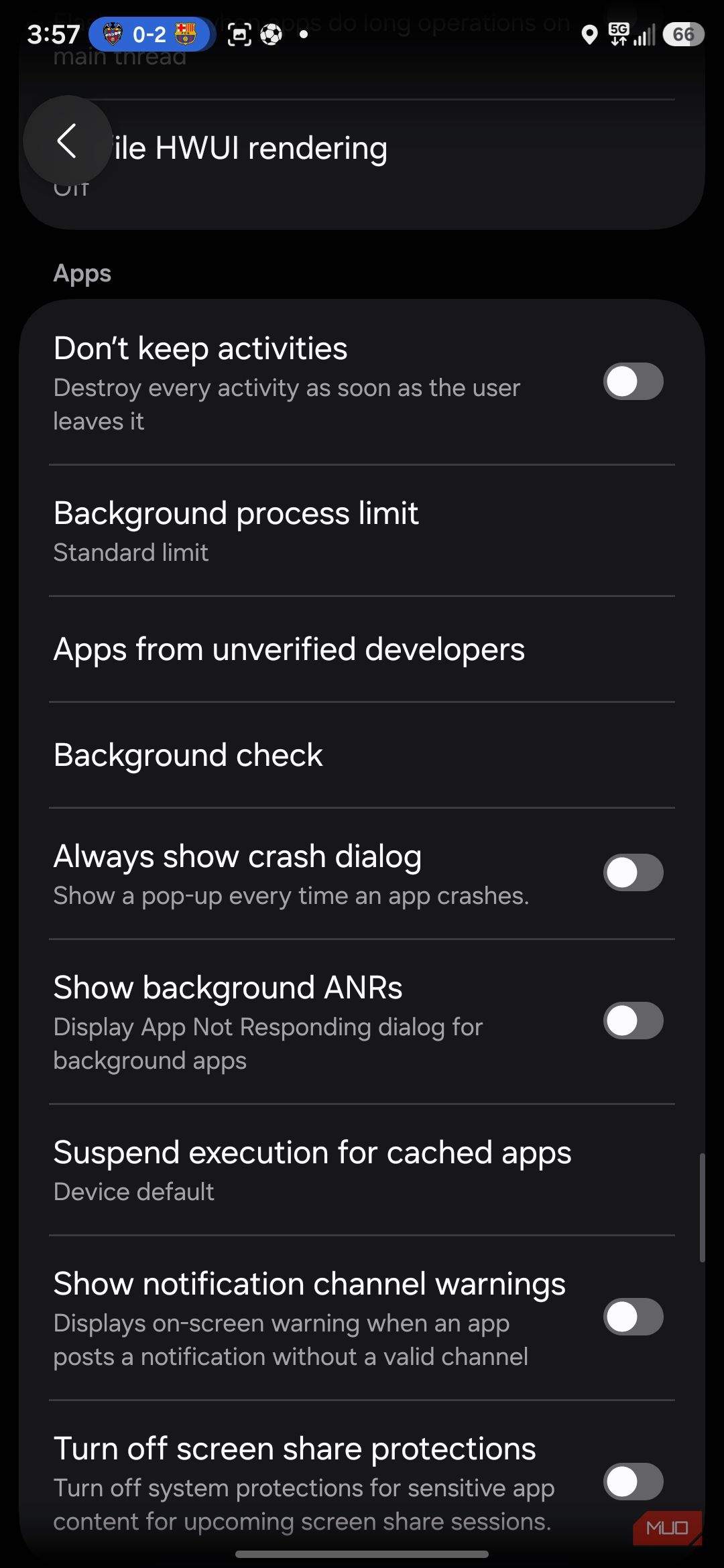 Android developer options showing app settings