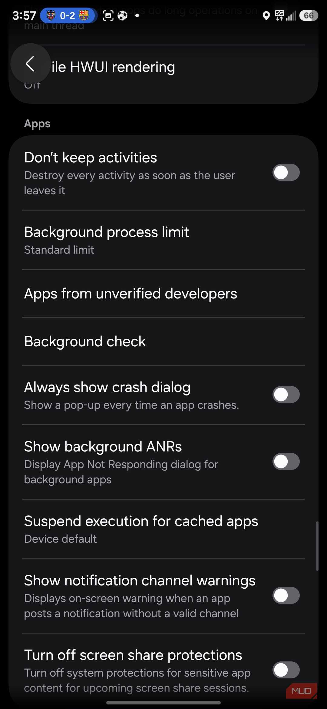 Android developer options showing app settings