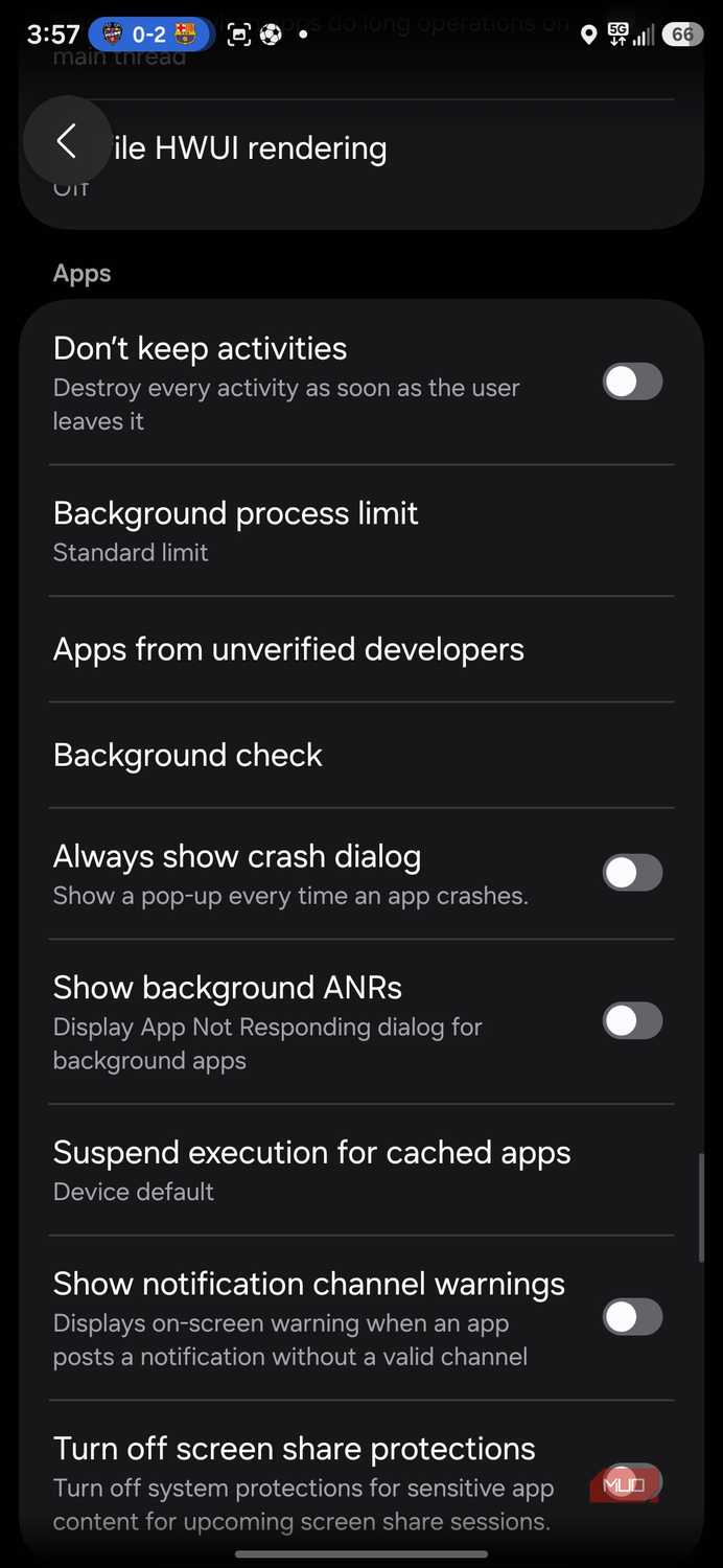 Android developer options showing app settings