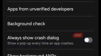 Android developer options showing app settings