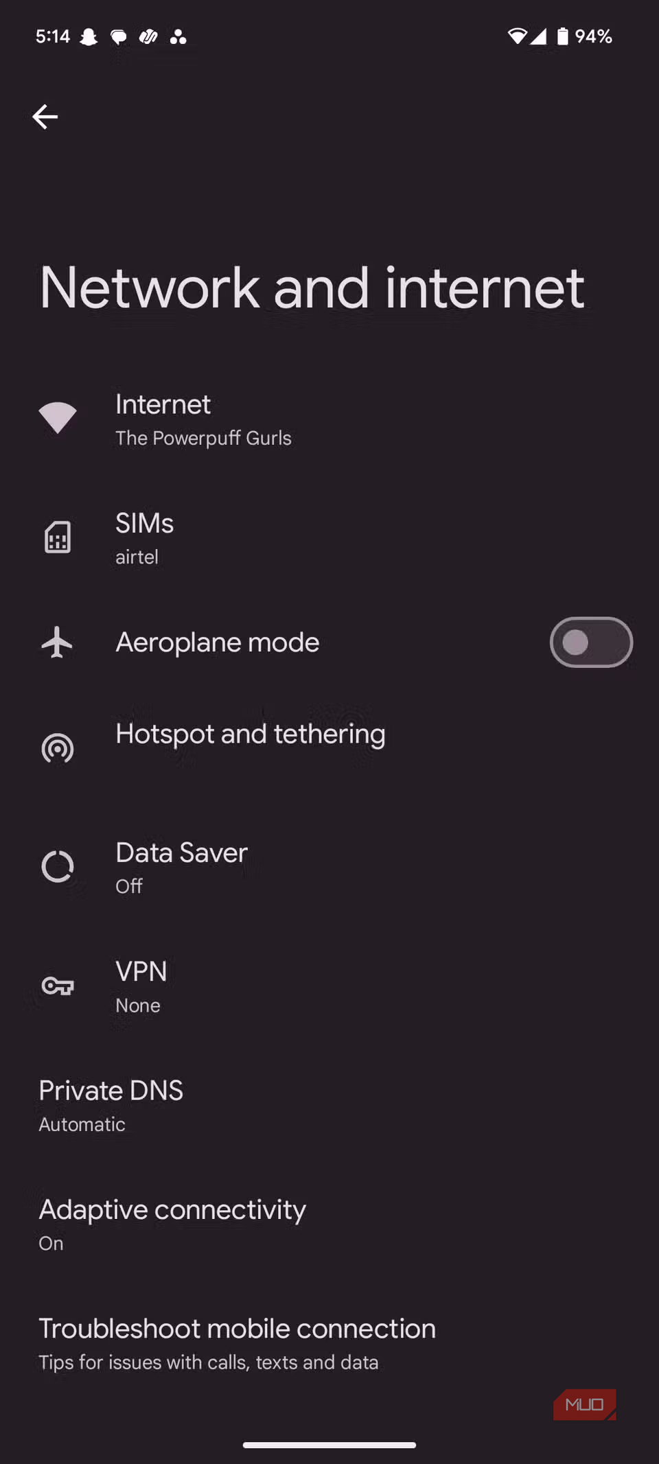 Android network and internet settings menu