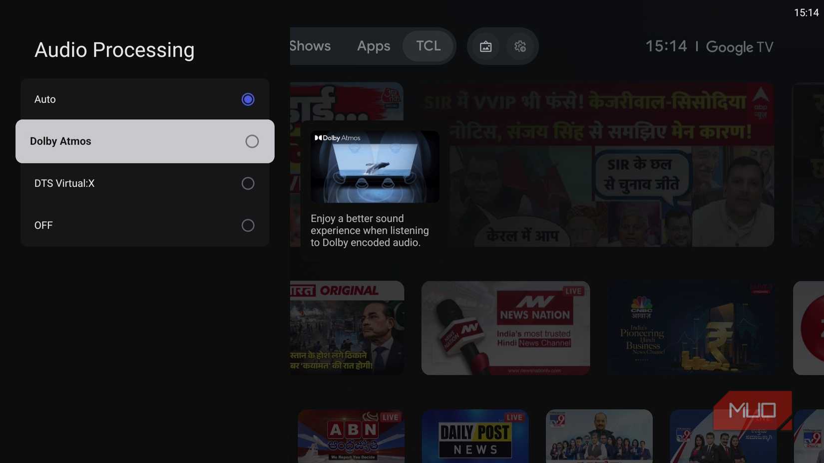 Audio processing settings on TV