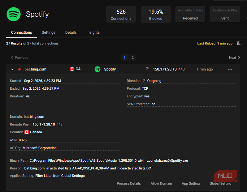 Information page on bat.bing.com connection domain on Spotify, Postmaster.
