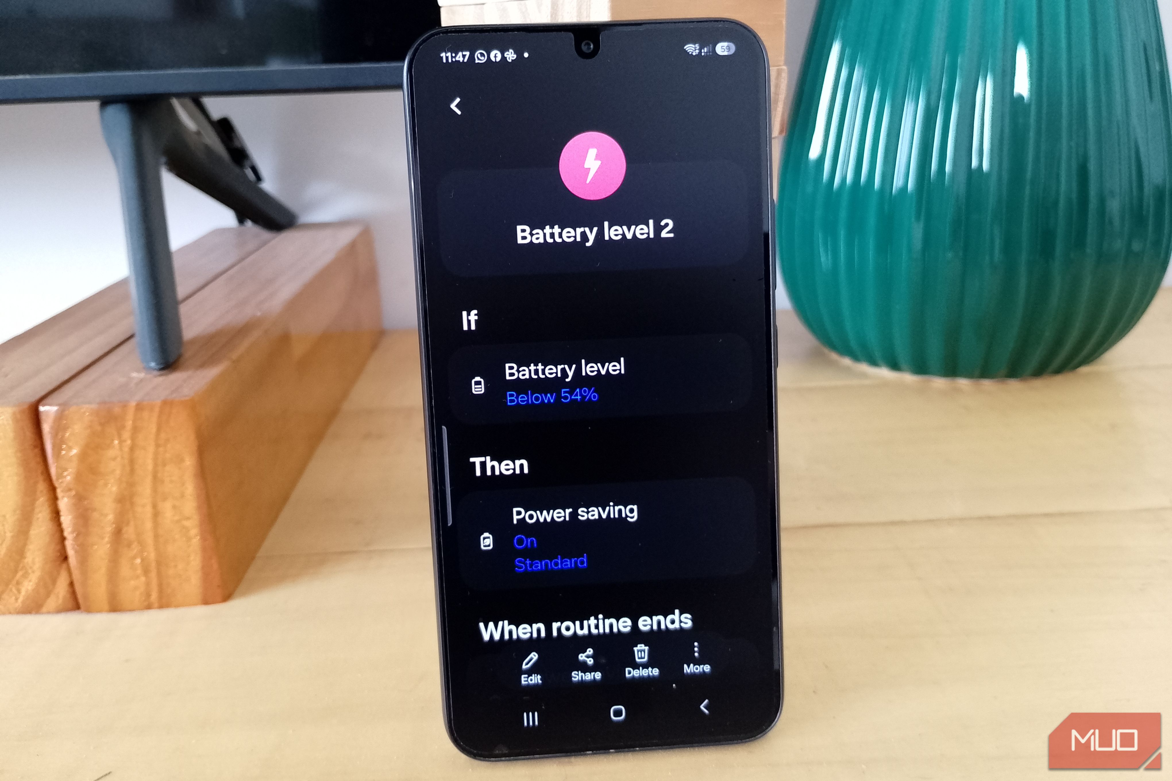 Samsung Galaxy Modes and Routines battery routine set to turn on Power savings below 54%