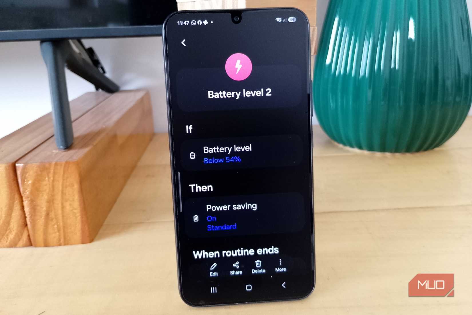 Samsung Galaxy Modes and Routines battery routine set to turn on Power savings below 54%
