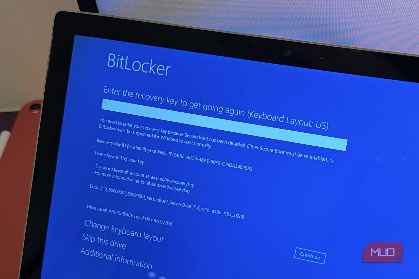 BitLocker screen on a Surface Pro 6