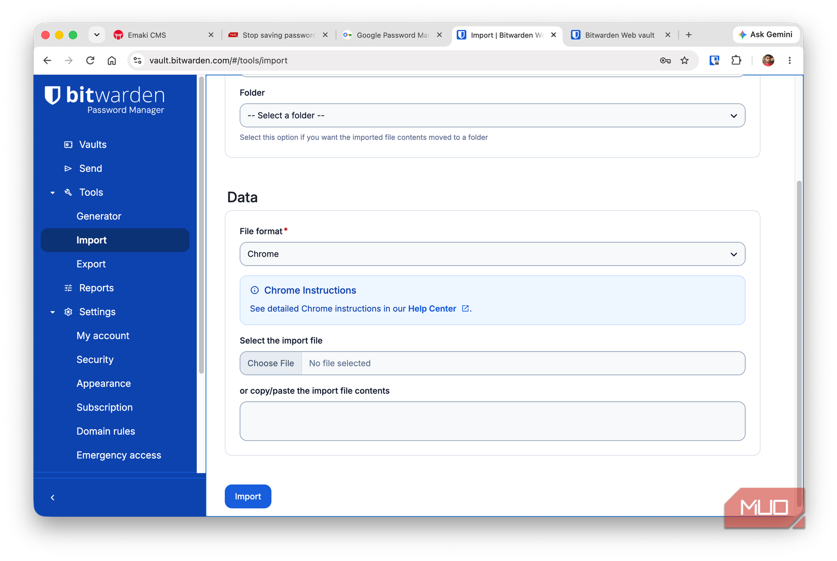 Bitwarden Web Vault data import screen with Chrome selected