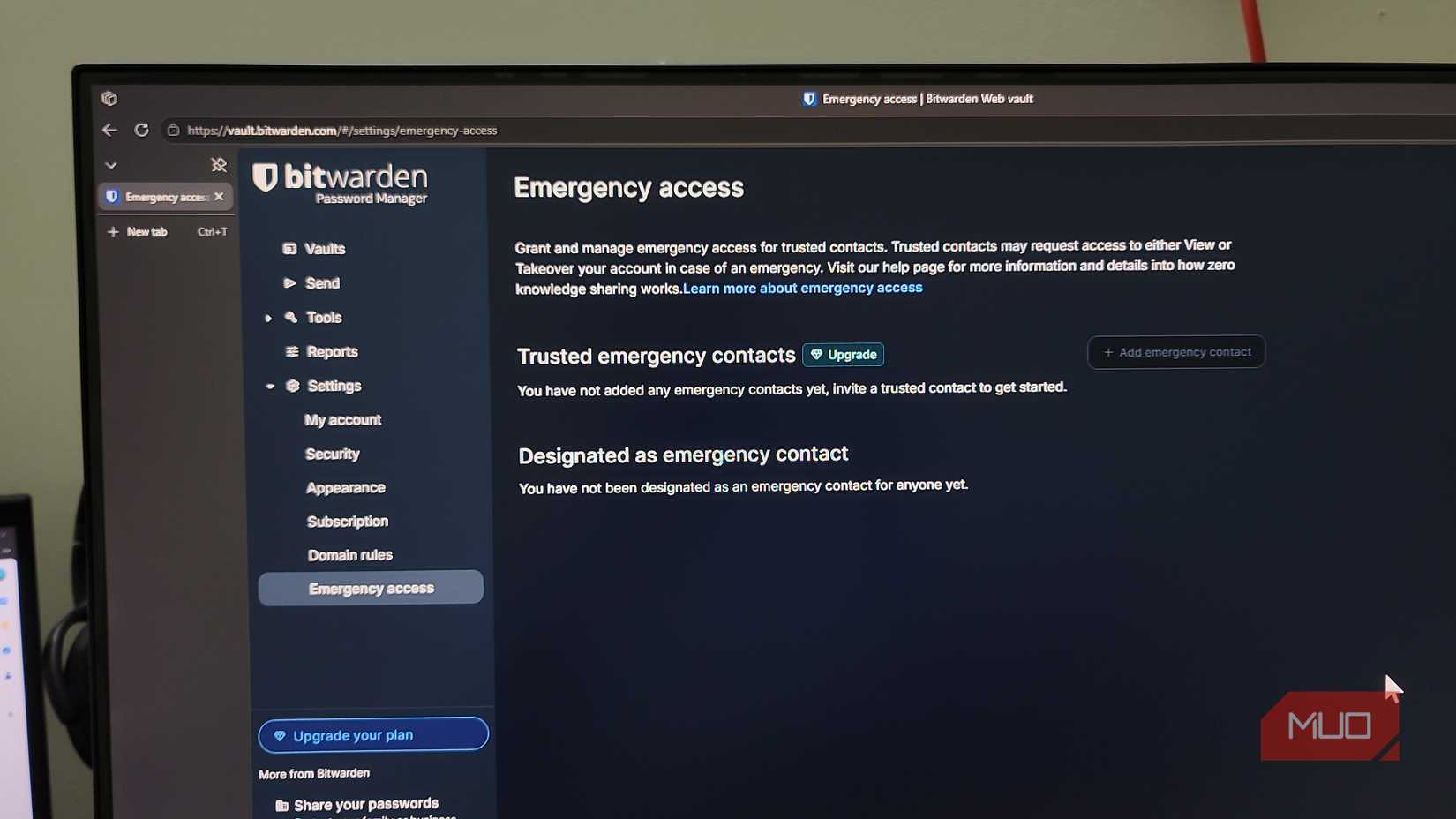 bitwarden web vault emergency access settings page