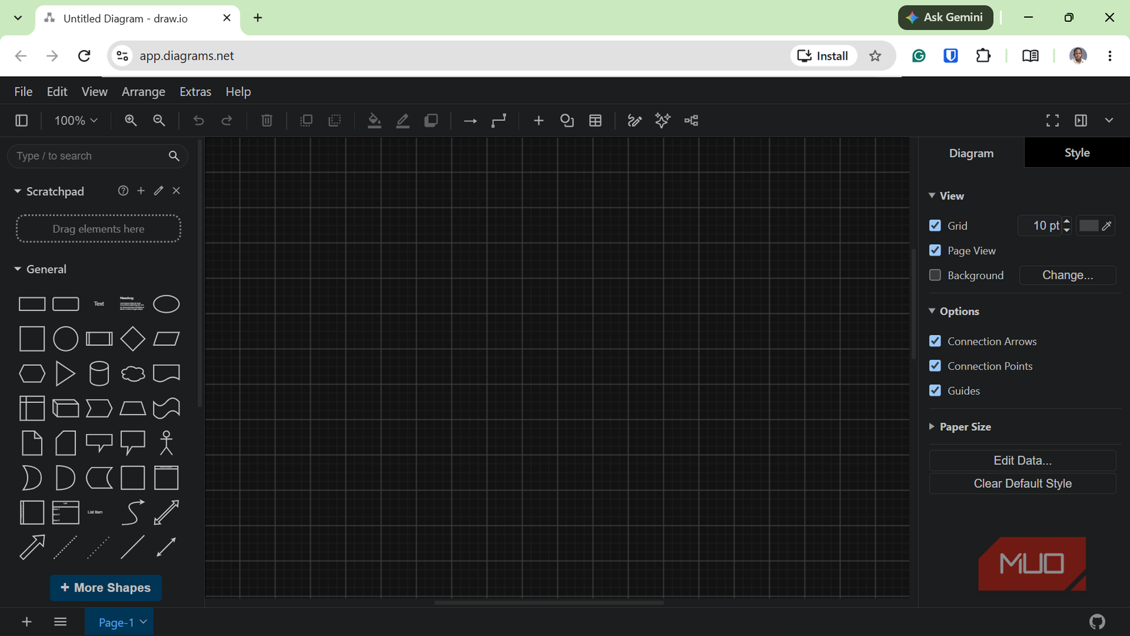 Blank canvas in Draw io flowchart editor