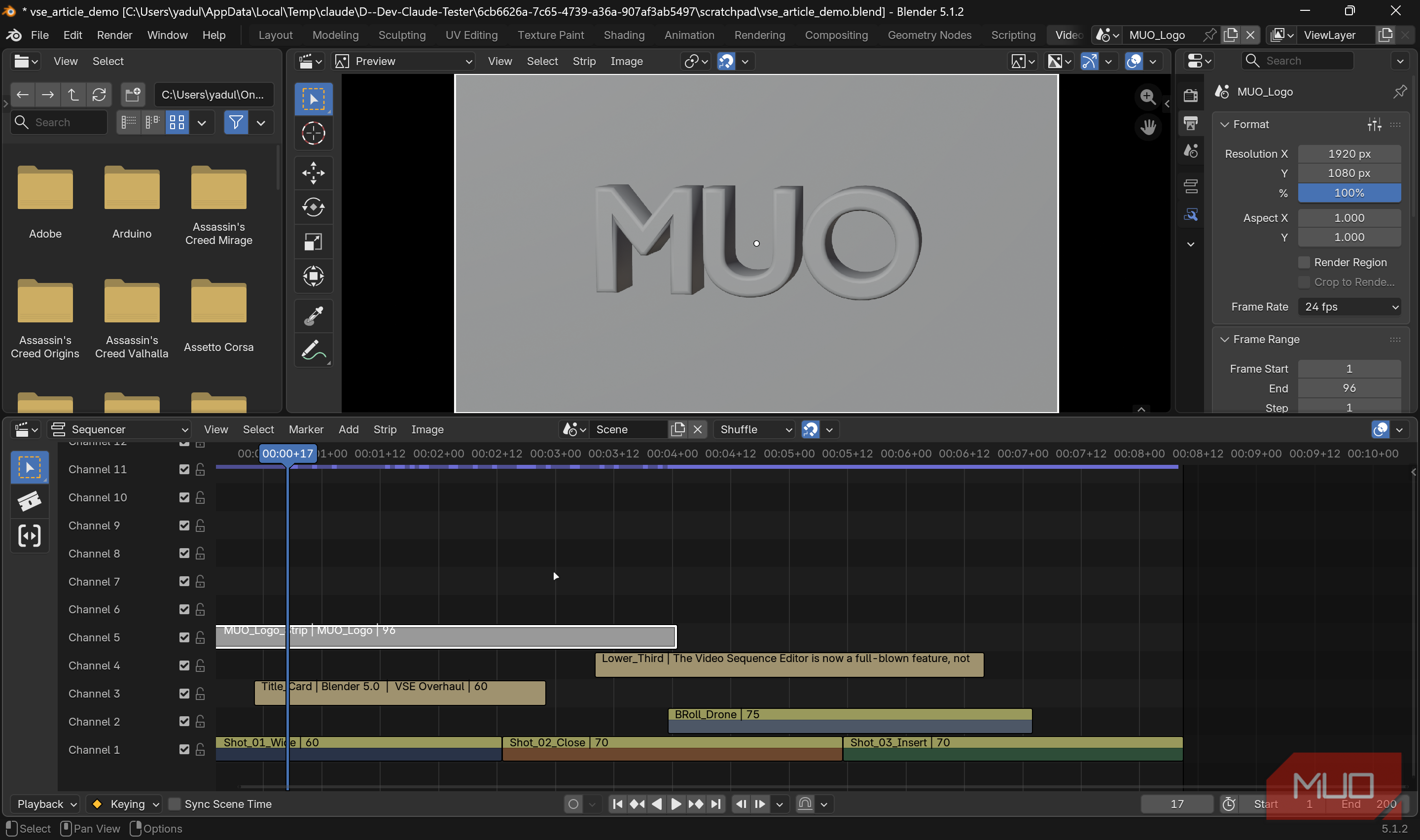 Blender video editor with MUO logo.