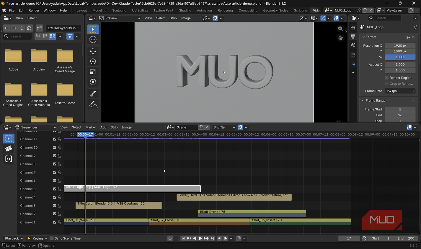 Blender video editor with MUO logo.