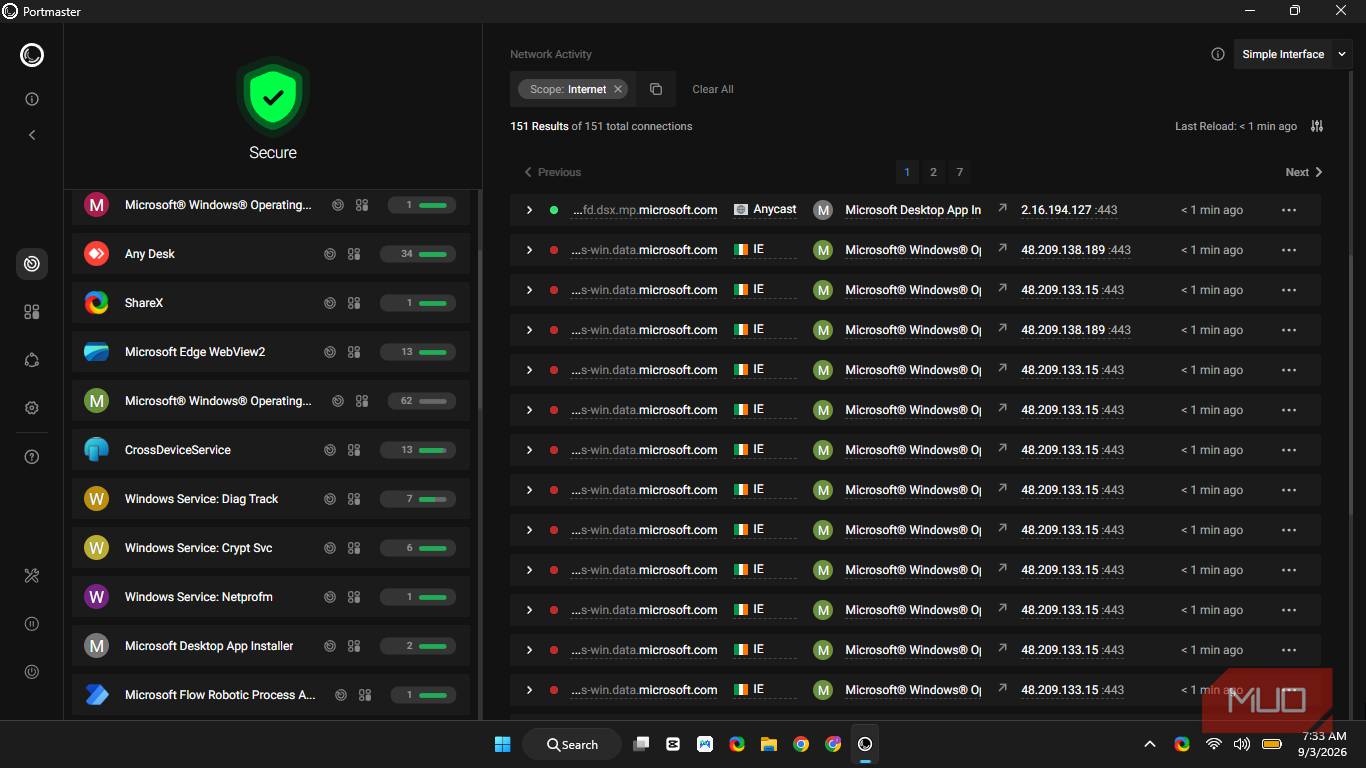 Portmaster showing a list of connections with red dot label on WIndows 11.