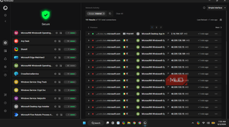 Portmaster showing a list of connections with red dot label on WIndows 11.