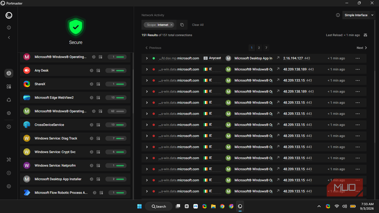 Portmaster showing a list of connections with red dot label on WIndows 11.