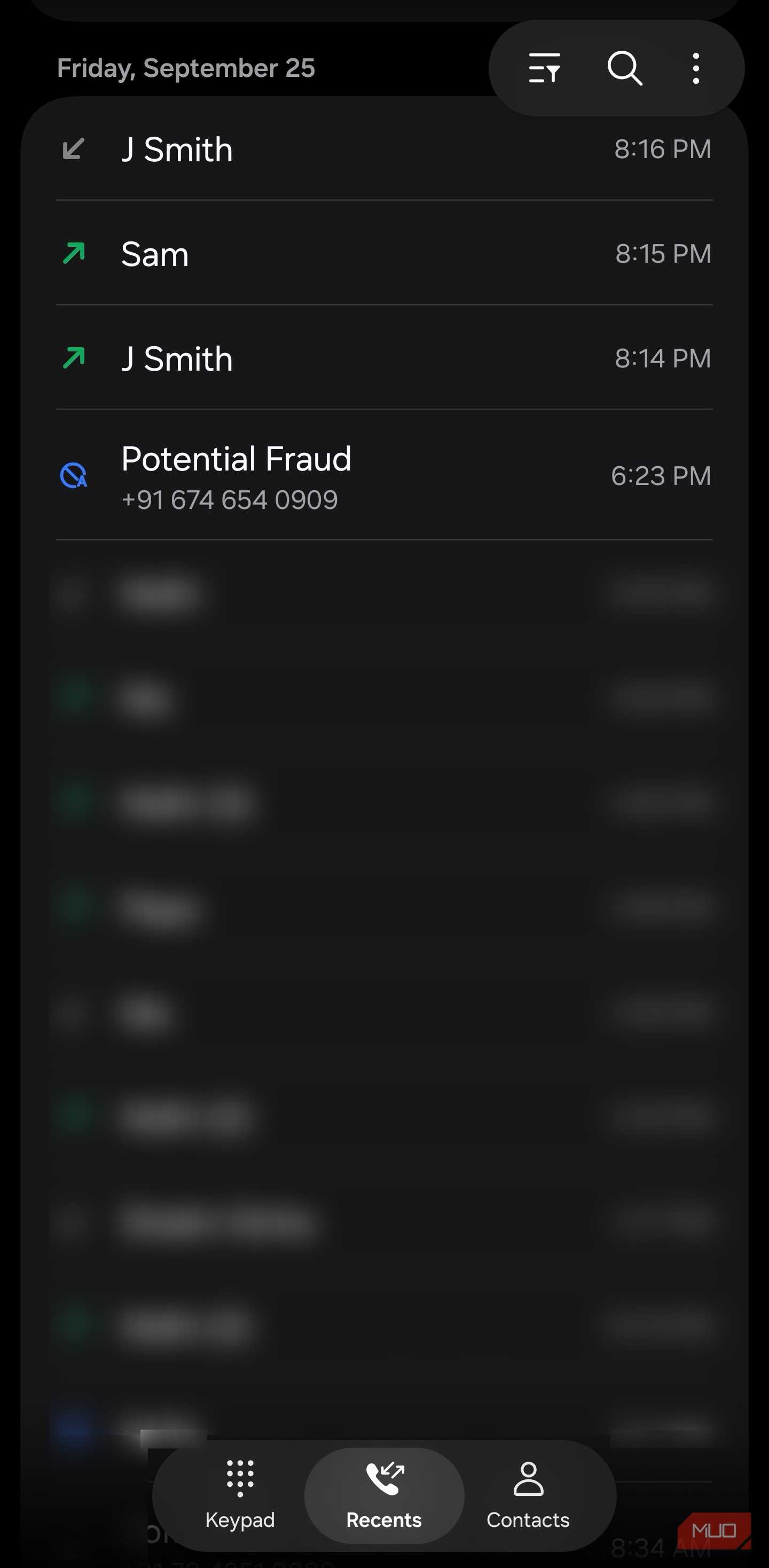Blocked potential fraud call in Samsung Recents