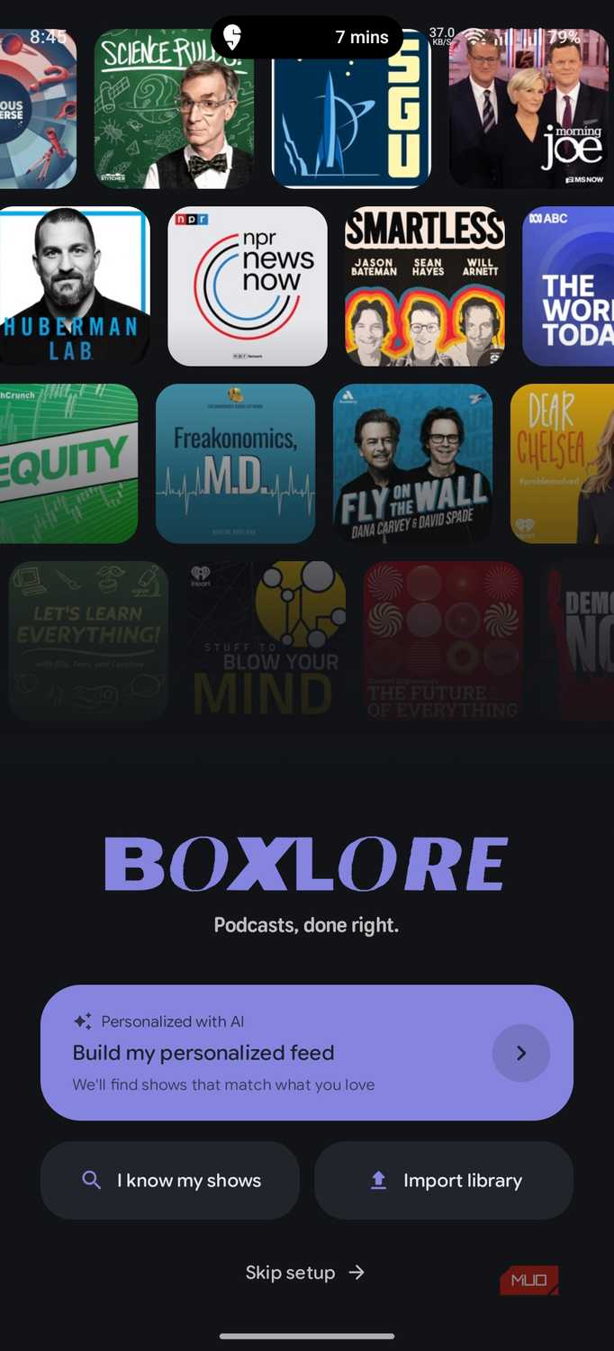 Обзор мобильного приложения boxlore для поиска и прослушивания подкастов Интерфейс приложения boxlore с результатами поиска и настройками