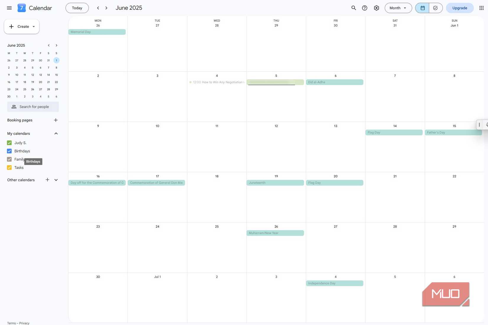 Google Calendar in full-page month view, showing the full calendar layout with national holidays and sidebar controls