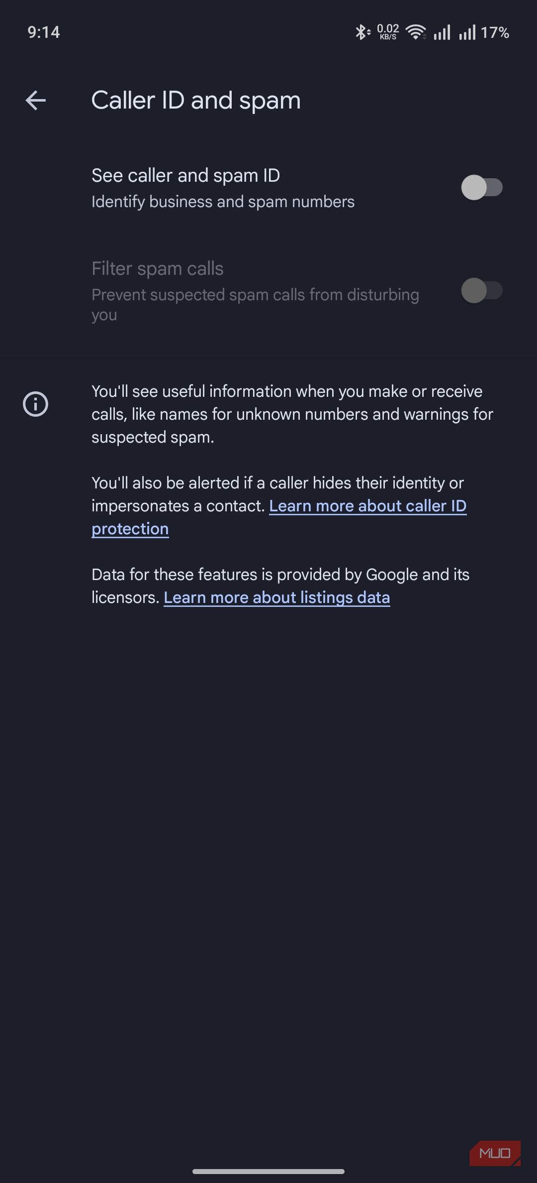 the phone app showing the page for caller ID and spam settings