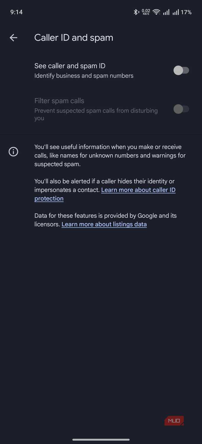 the phone app showing the page for caller ID and spam settings