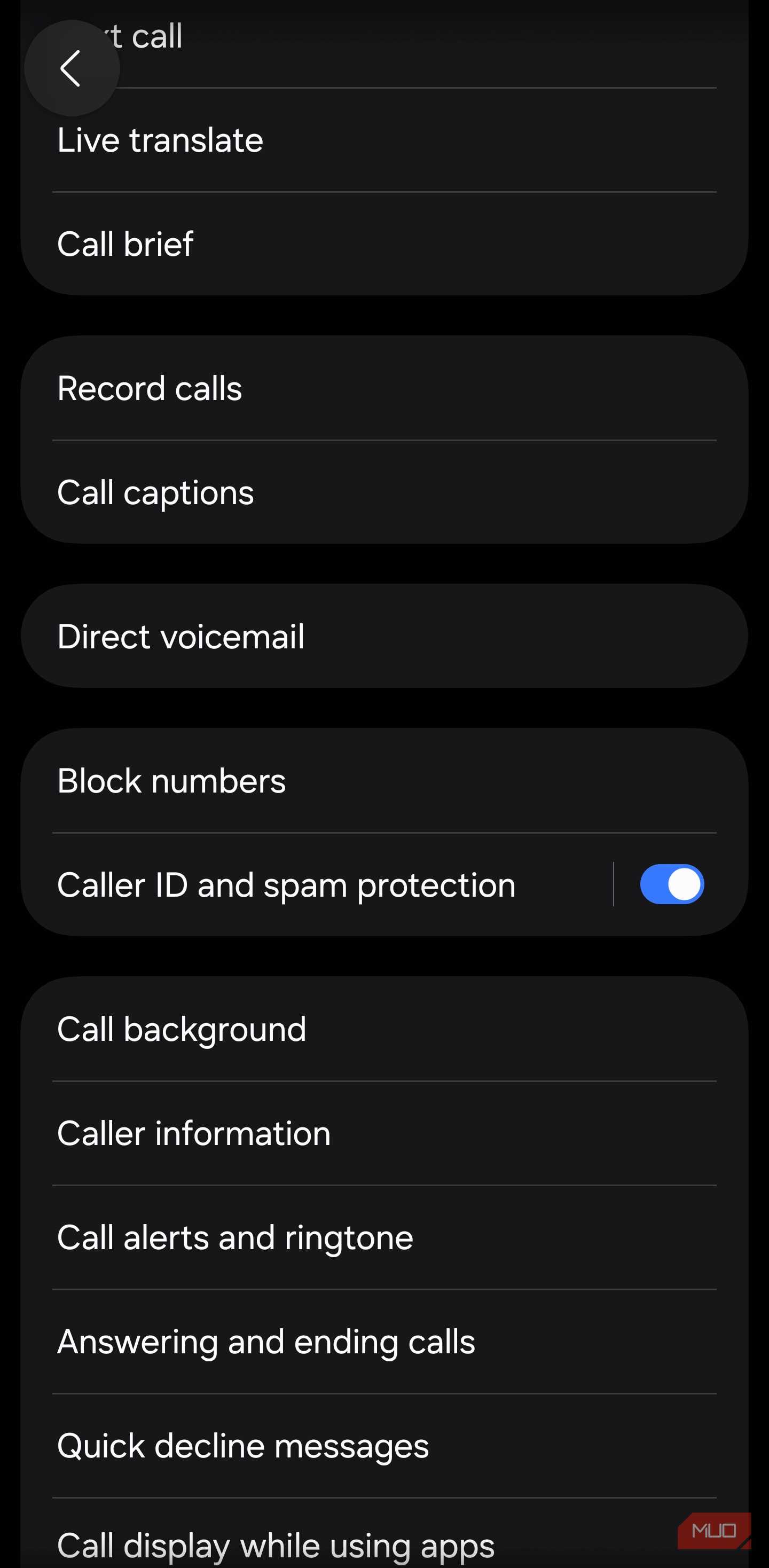 Caller ID and spam toggle on Samsung