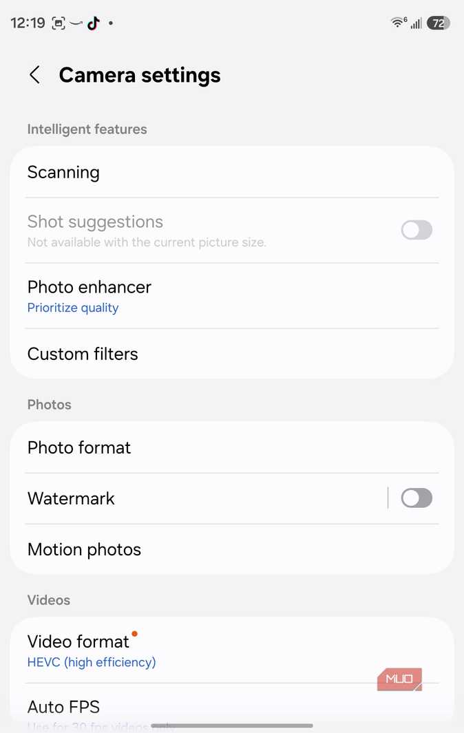 Меню Camera Assistant на телефоне Настройки модуля Camera Assistant в интерфейсе Samsung