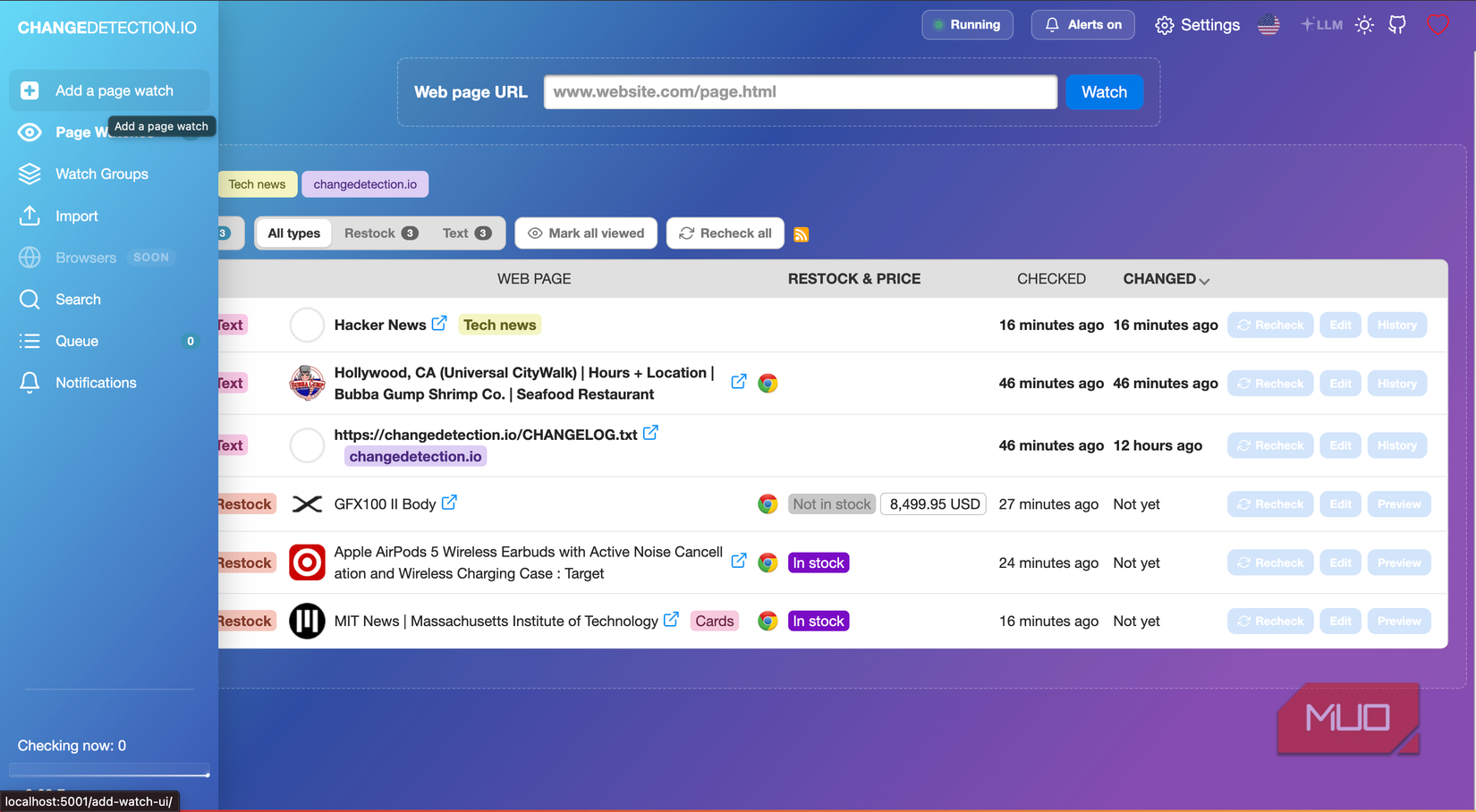 main user interface of changedetection.io