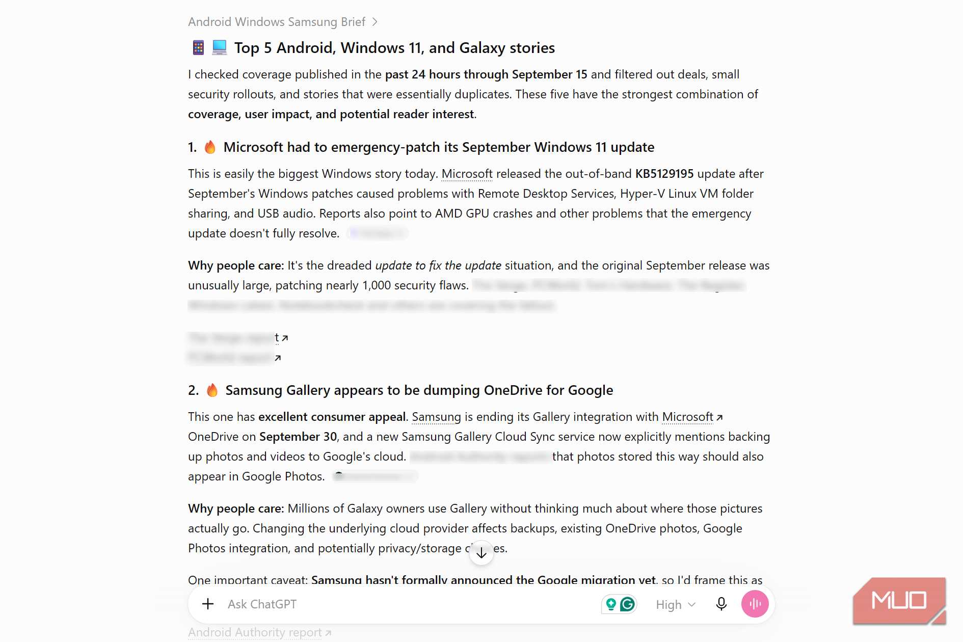 ChatGPT daily tech news report showing top Android, Windows 11, and Galaxy storied from the past 24 hours