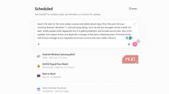 ChatGPT scheduled tasks screen showing a prompt for a daily 7:30 tech news report