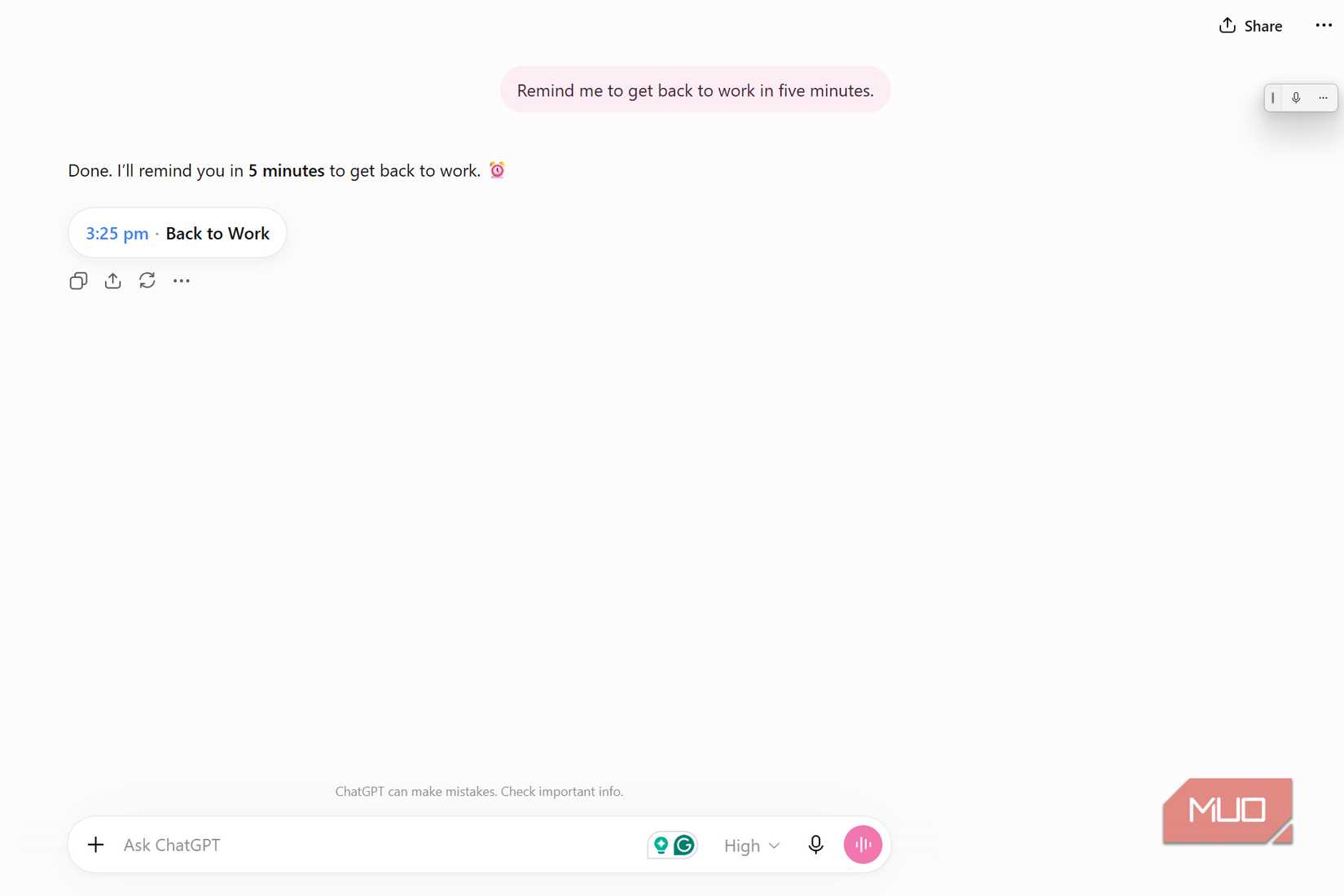 Как эффективно использовать планировщик задач в ChatGPT Напоминание о пятиминутном перерыве в интерфейсе ChatGPT