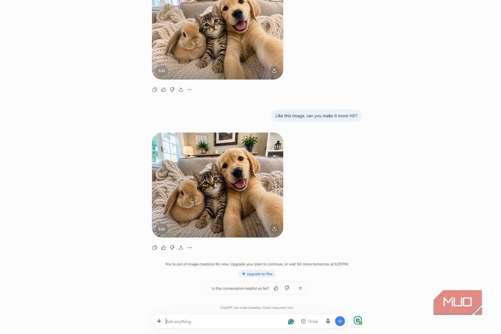 ChatGPT Free showing "You're out of image creations for now" below a pet image, with options to upgrade or wait for the limit to reset
