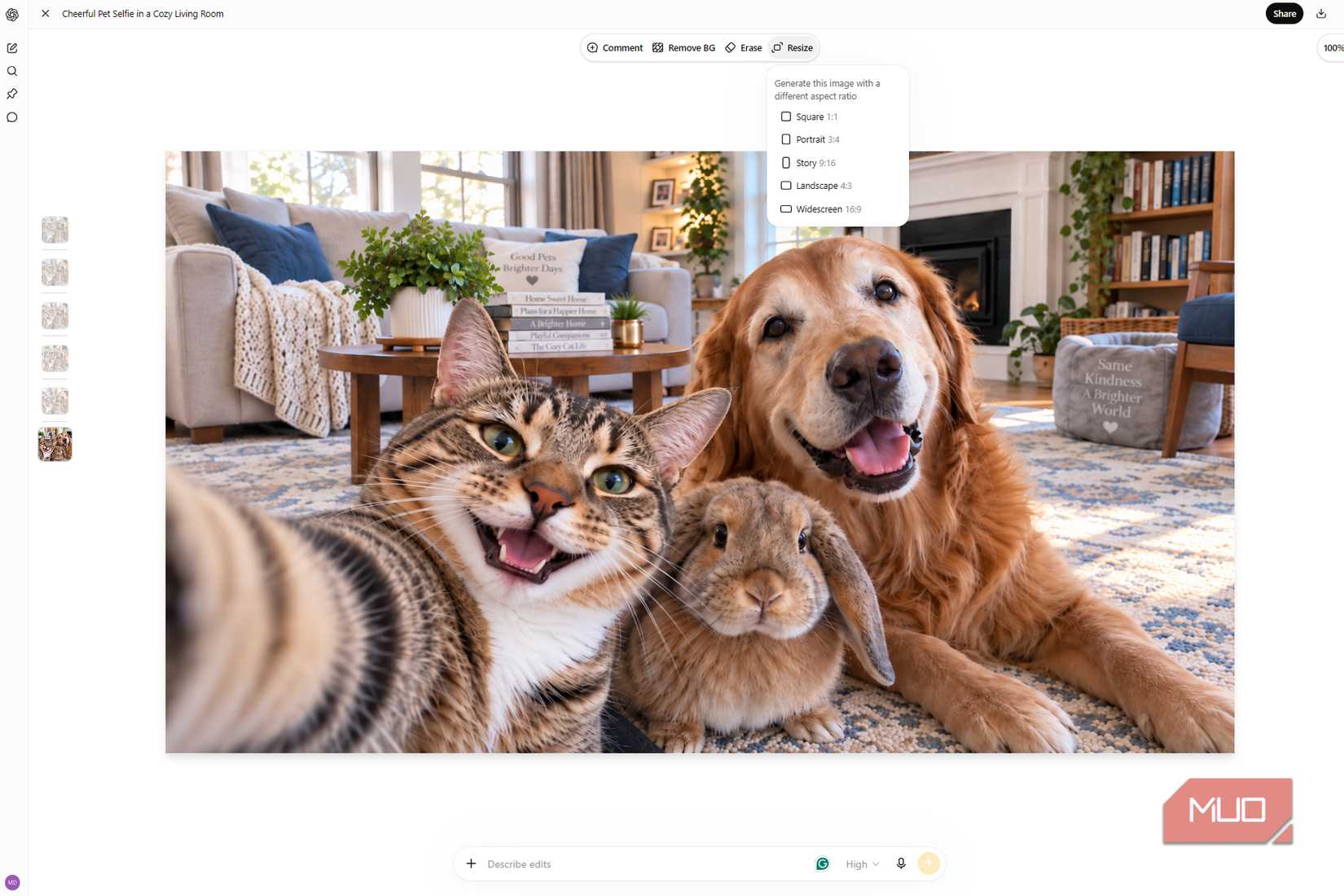 ChatGPT Resize menu showing Square, Portrait, Story, Landscape, and Widescreen aspect ratio options above a pet selfie