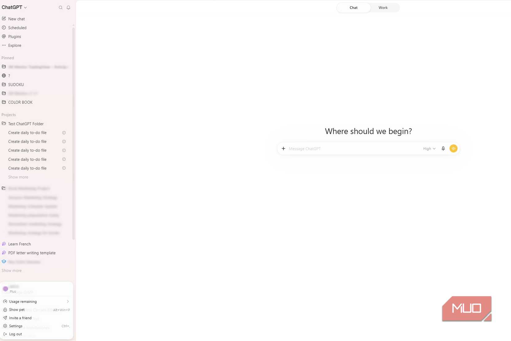 ChatGPT sidebar showing Plus plan label