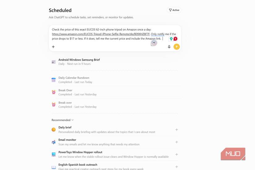 ChatGPT scheduled tasks prompt to track an Amazon tripod's price daily and alert only if it drops to 17 dollars or less