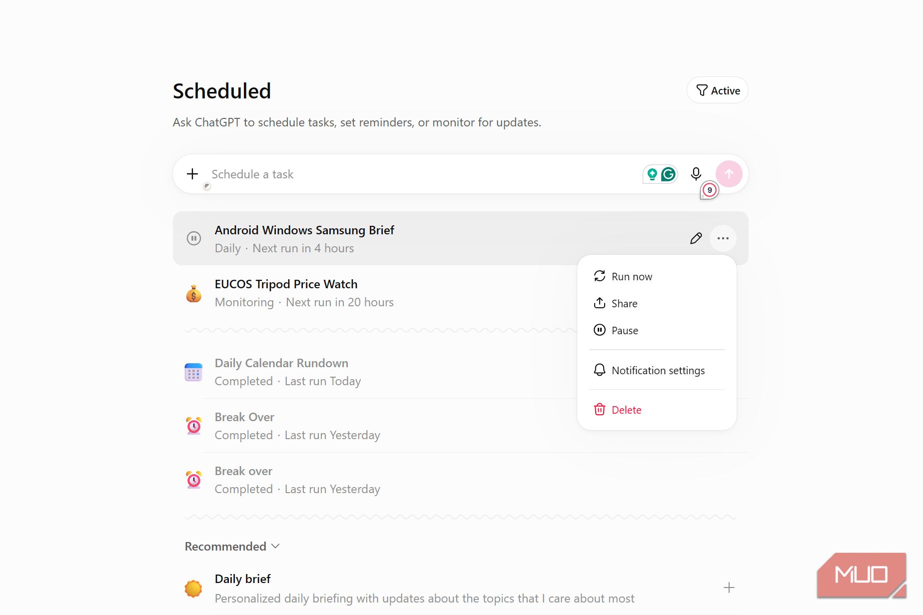 ChatGPT scheduled tasks menu with options to run now, share, pause, notification settings, and delete
