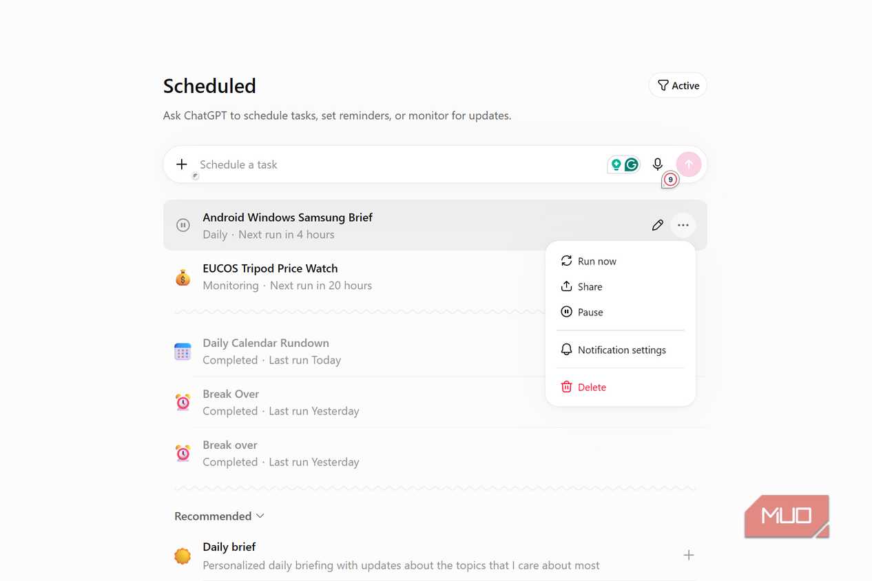 ChatGPT scheduled tasks menu with options to run now, share, pause, notification settings, and delete
