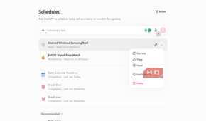 ChatGPT scheduled tasks menu with options to run now, share, pause, notification settings, and delete