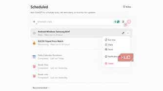 ChatGPT scheduled tasks menu with options to run now, share, pause, notification settings, and delete