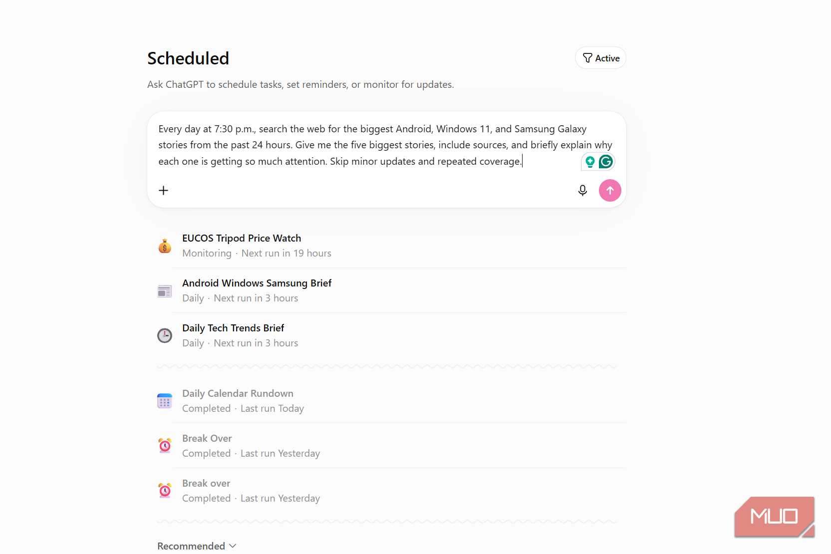 ChatGPT Scheduled Tasks showing a prompt to get the latest tech trends on Windows 11, Android, and Galaxy devices