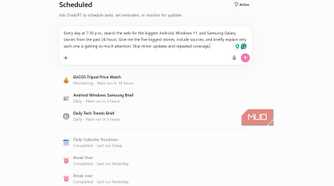 ChatGPT Scheduled Tasks showing a prompt to get the latest tech trends on Windows 11, Android, and Galaxy devices