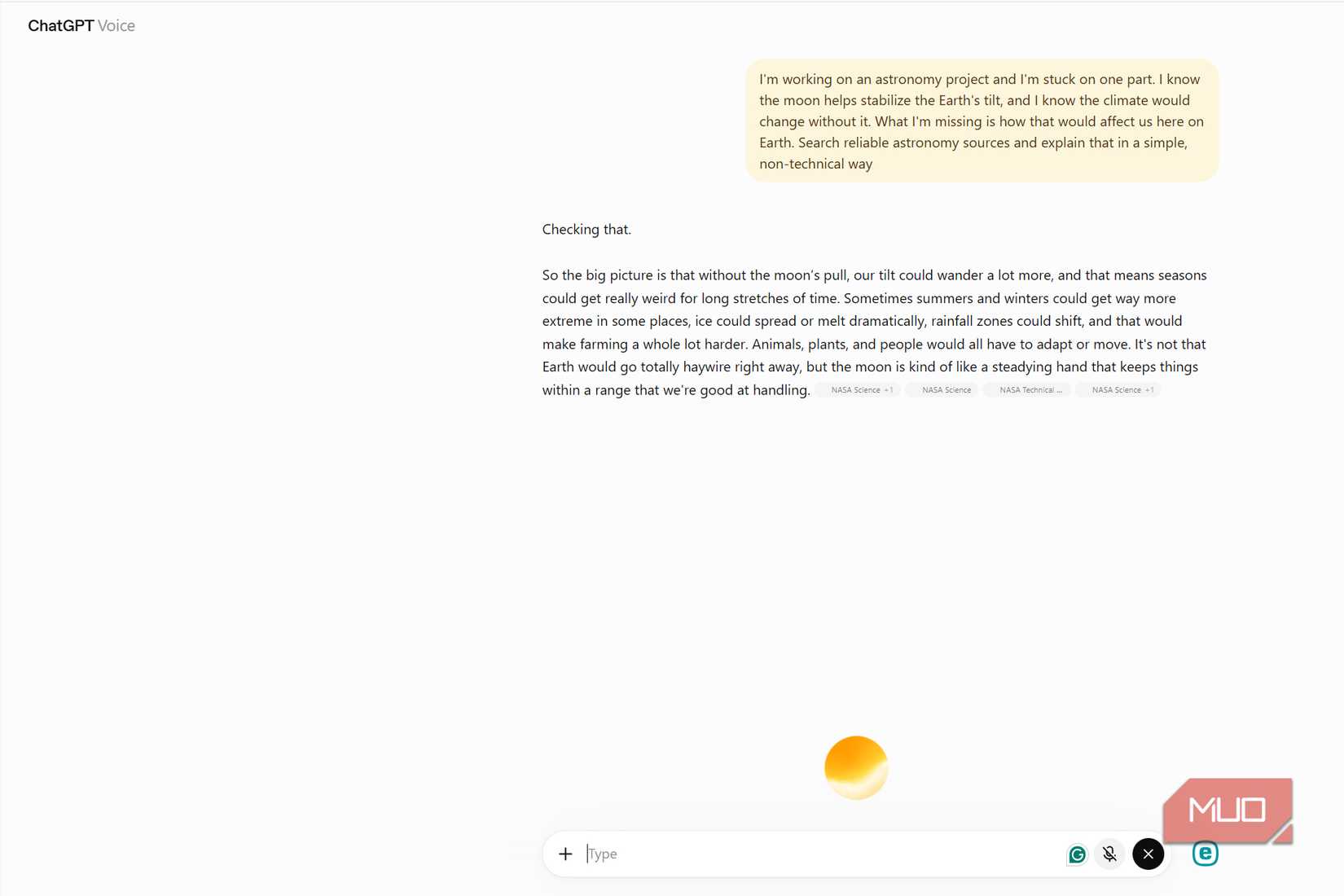 ChatGPT Voice Mode answering an astronomy question about how changes in the Earth's tilt could affect seasons, climate, farming, plants, animals, and people