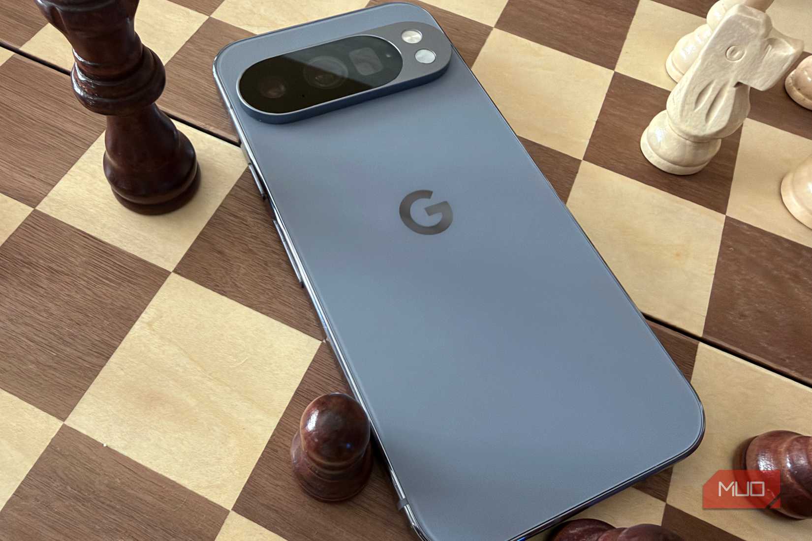 pixel 10 pro in moonstone on a chess board