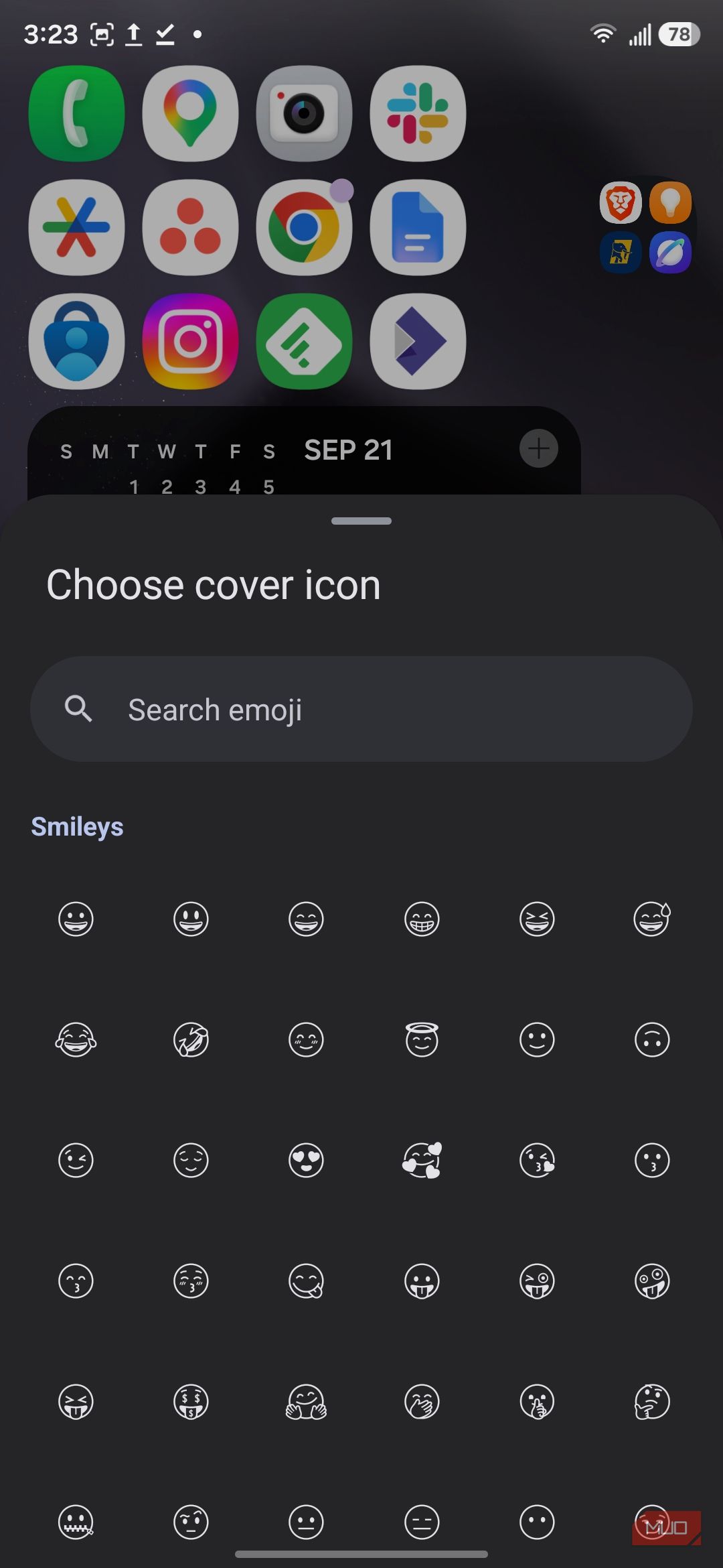 Choose cover icon menu with smiley emojis